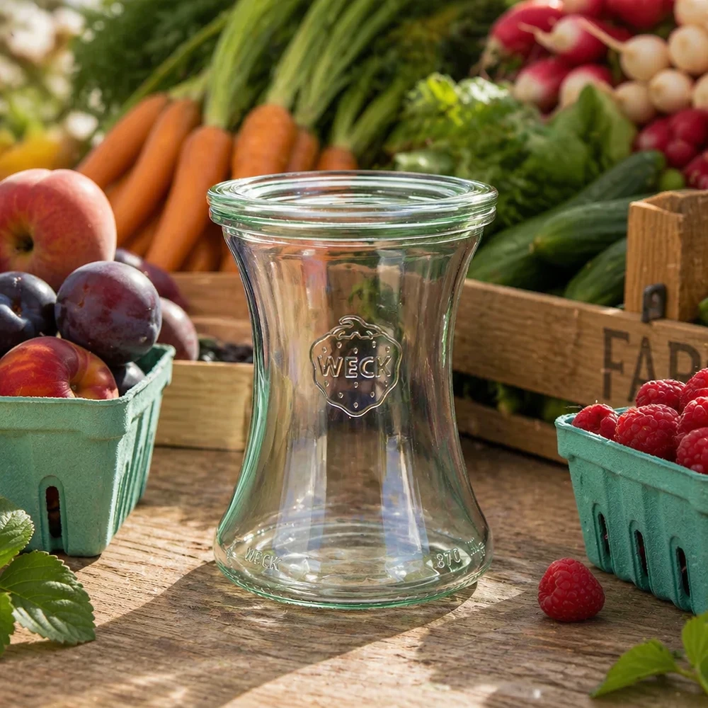 Frasco de conserva de 370 ml com tampa de vidro WECK RR80 Frasco de charcutaria WECK 370ml RR80 vazio em cima de uma mesa de madeira entre frutas e legumes frescos, mostra uma utilização natural