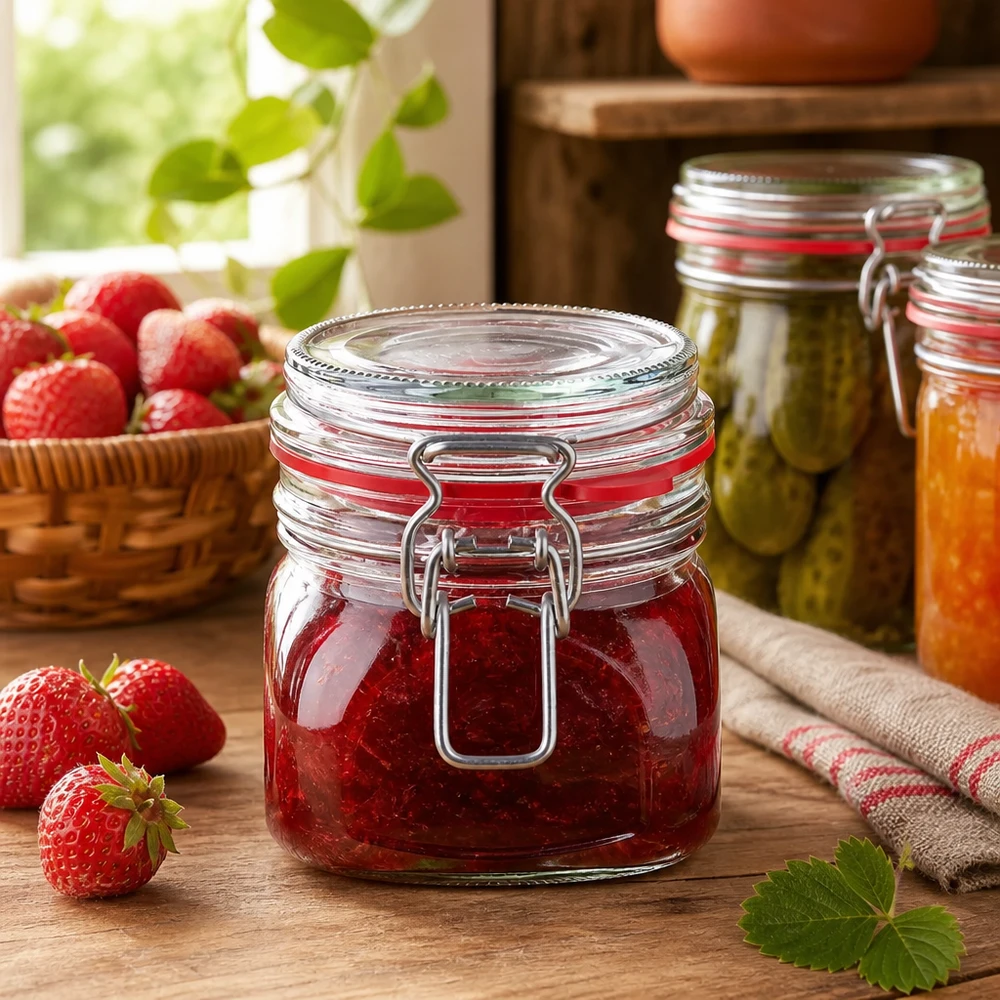 Frasco de vidro de 370 ml com tampa basculante ideal para compota e marmelada