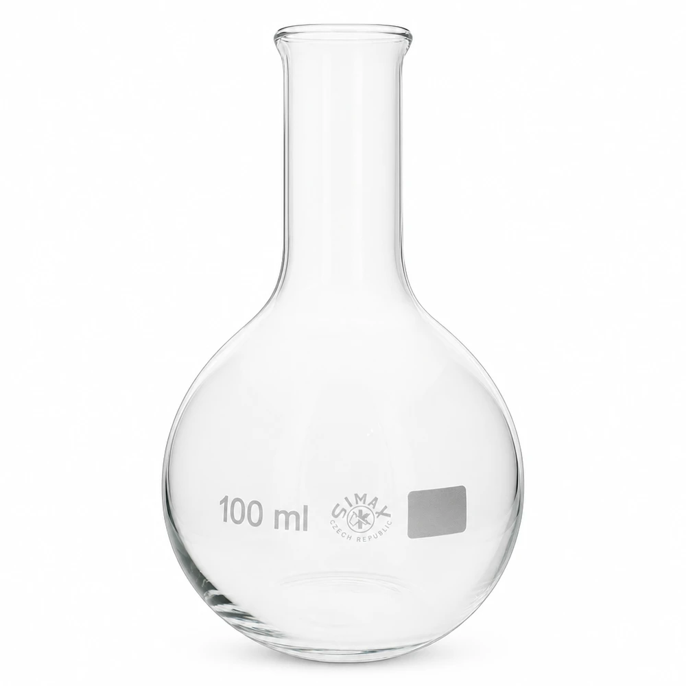 Balão de pé 100 ml de gargalo estreito em vidro para aplicações laboratoriais
