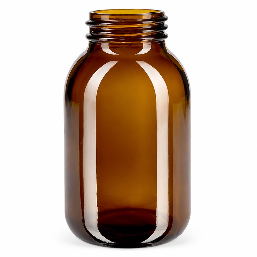 Garrafa de 500 ml com gargalo largo em vidro âmbar Frasco de 500 ml com gargalo largo em vidro âmbar para aplicações farmacêuticas e cosméticas