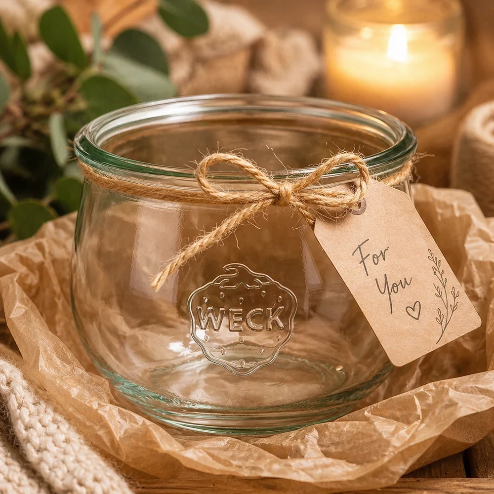 Frasco em forma de tulipa WECK RR100 de 580 ml Jarro de tulipas WECK 580ml RR100 com etiqueta de oferta e cordão de juta sobre mesa de madeira com vela e decoração