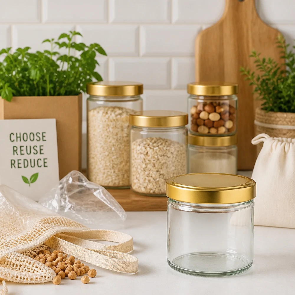 Frasco cilíndrico de 230 ml com tampa dourada em cozinha sustentável de desperdício zero entre frascos de arrumação e produtos ecológicos