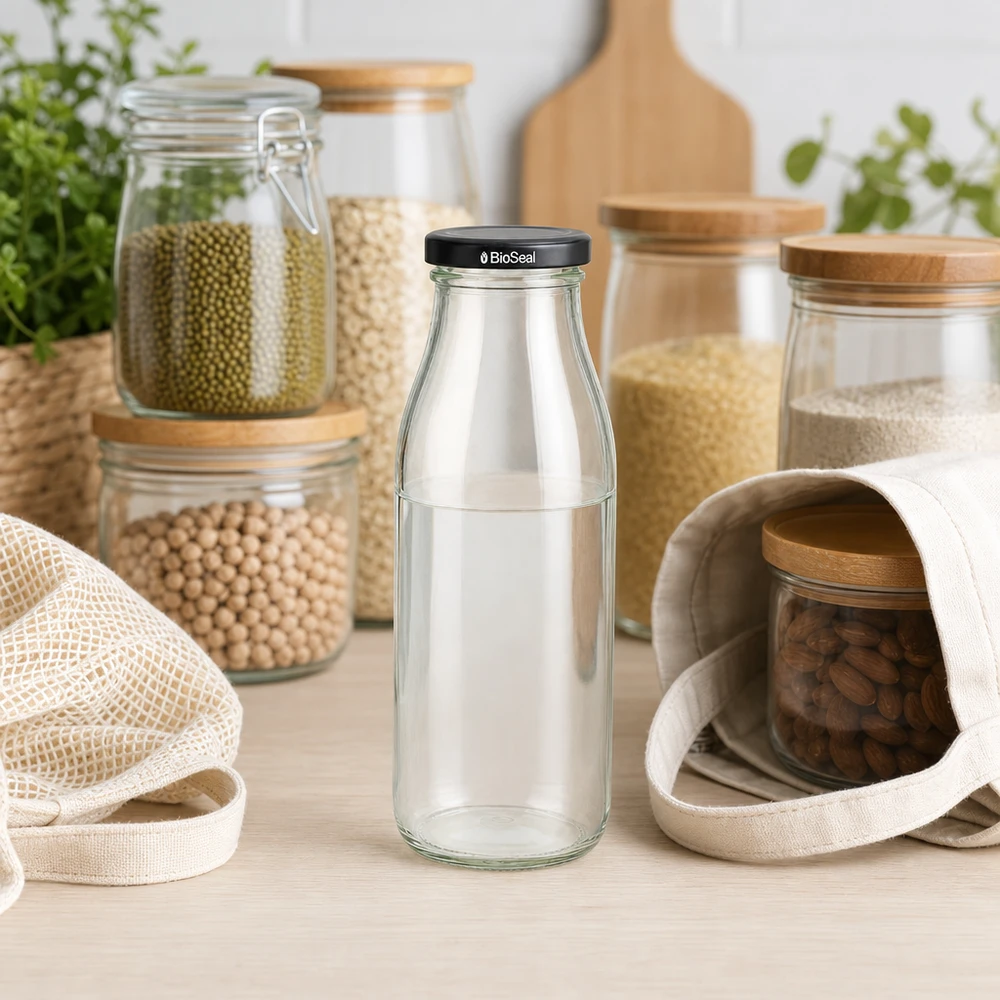 Garrafa de vidro de 500 ml com tampa preta BioSeal num ambiente de cozinha sustentável com frascos de armazenamento e sacos de juta