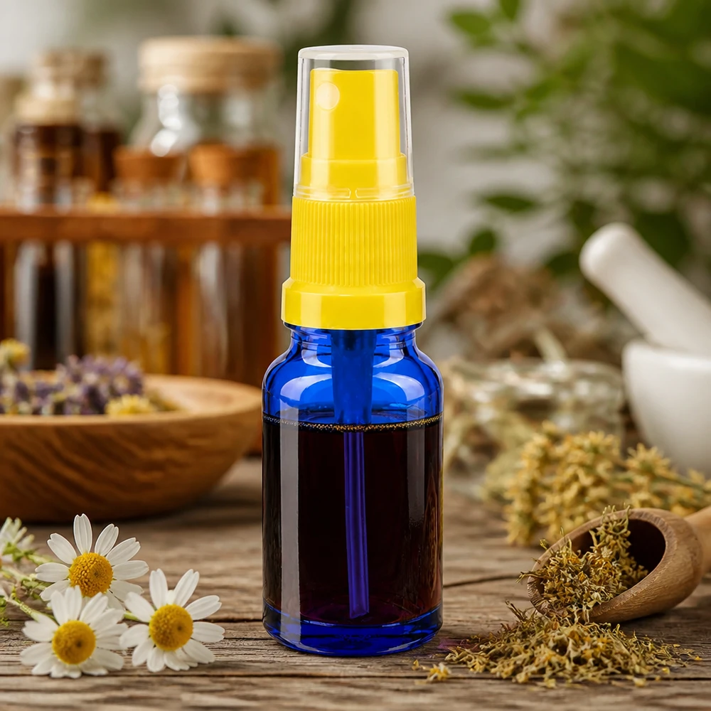 Frasco de spray compacto de 10 ml em vidro azul com cabeça de spray amarela para cosméticos BlueLine UT18 10
