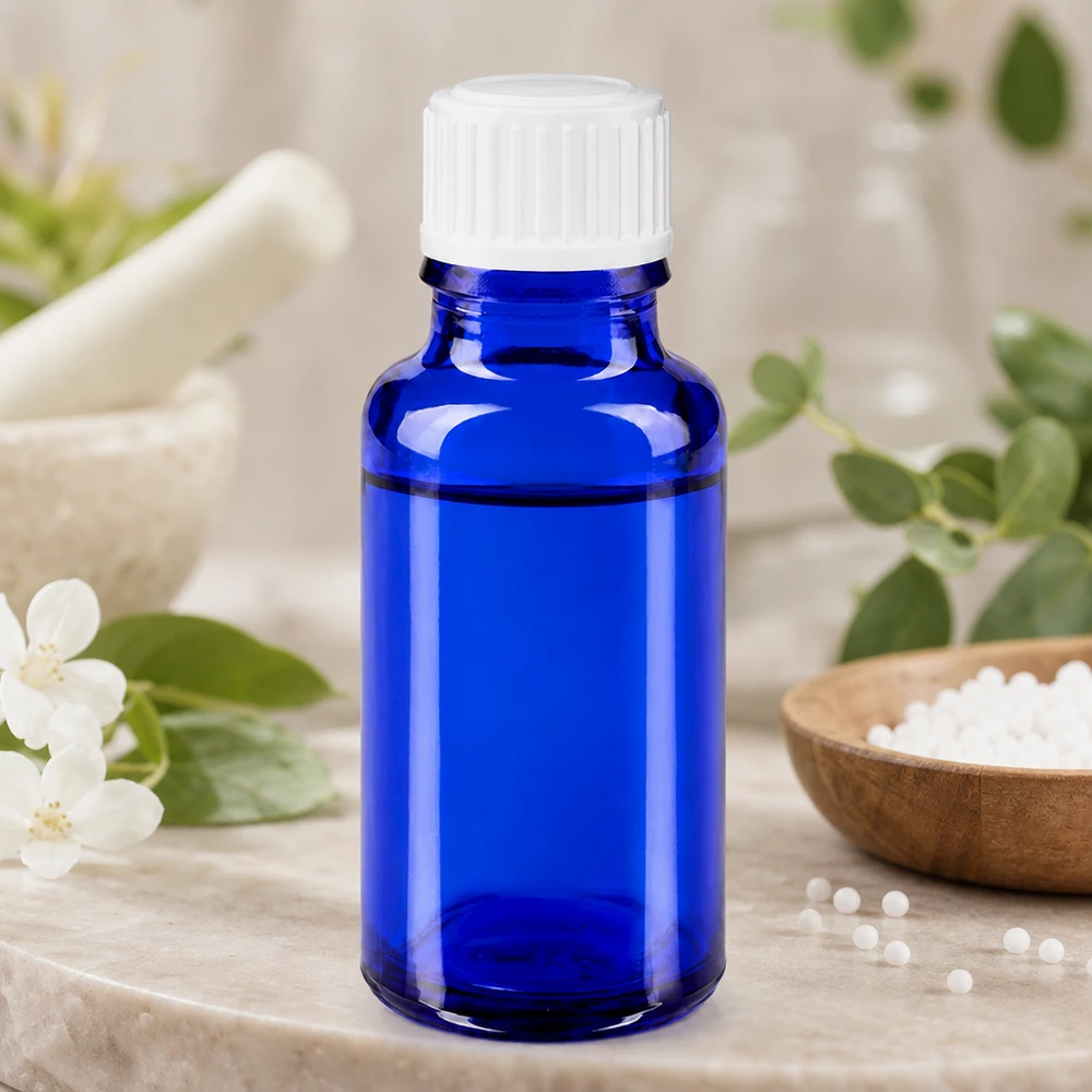 Frasco de vidro azul cobalto de 20 ml com tampa de rosca branca, ao lado de um almofariz e de glóbulos homeopáticos