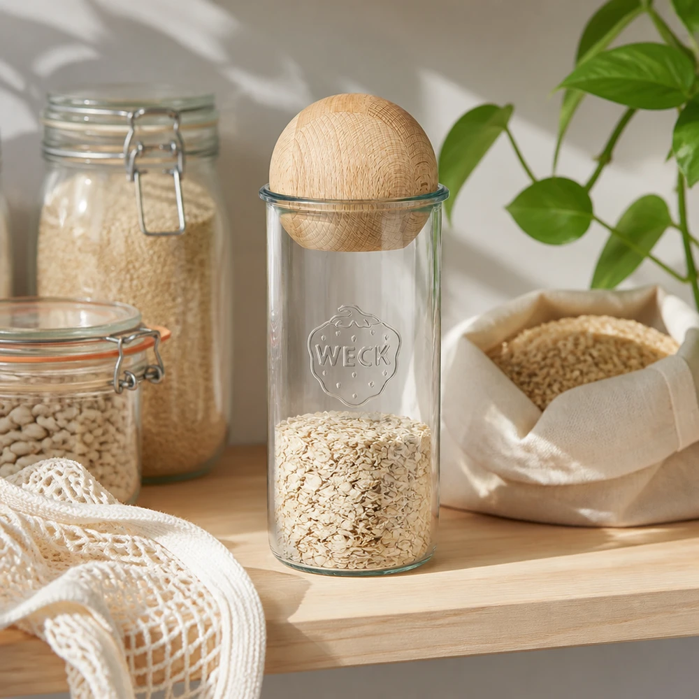 Copos de vidro de 1500ml WECK RR100 com bola de madeira faia WECK RR100 Frasco de pedreiro de 1500 ml cheio de flocos de aveia, tampa de faia com bola de madeira, arrumação de cozinha sem desperdício