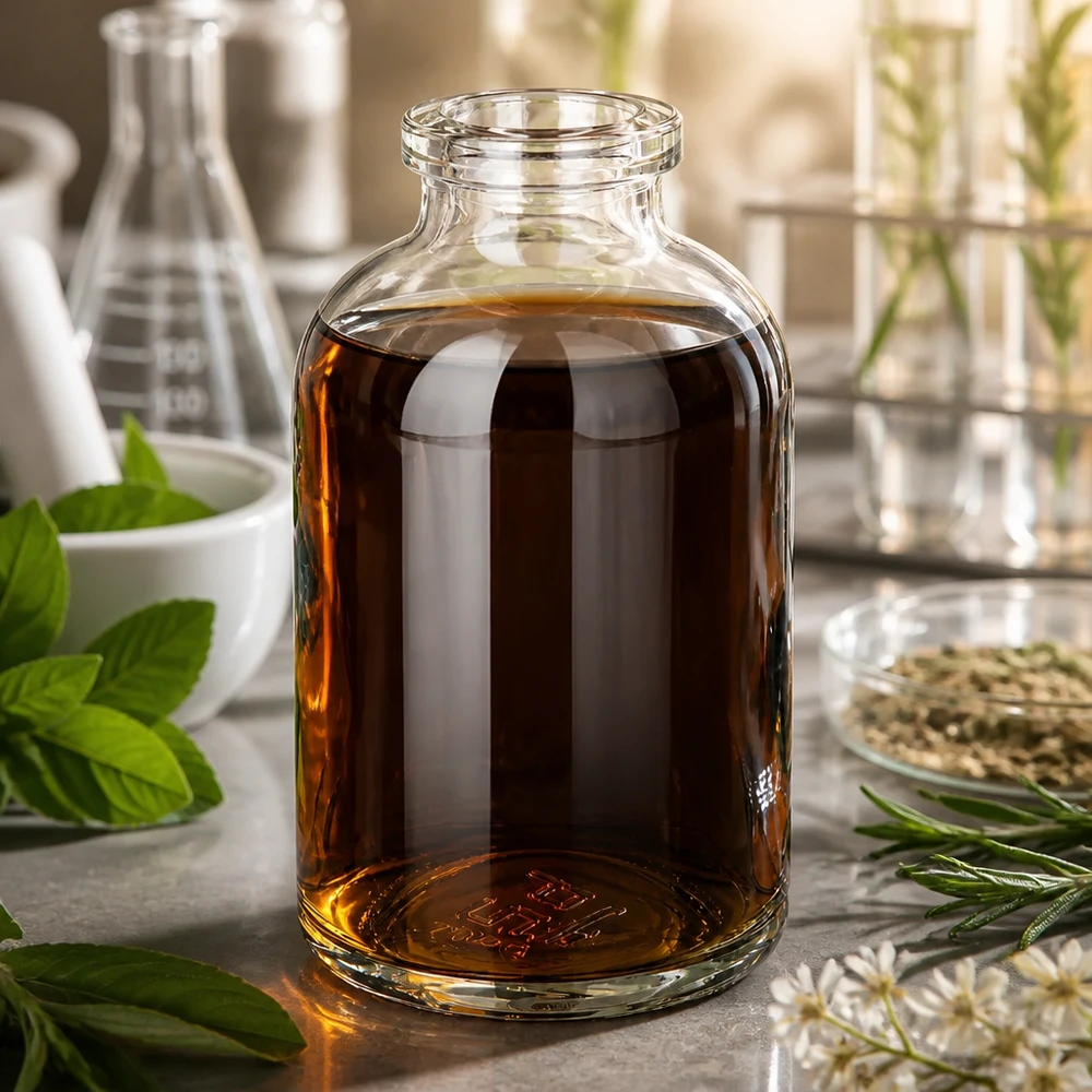 Frasco de injeção de vidro transparente 50ml Kompakte Injektionsflasche 50ml aus Klarglas mit amber Naturstoffextrakt und Laborausstattung