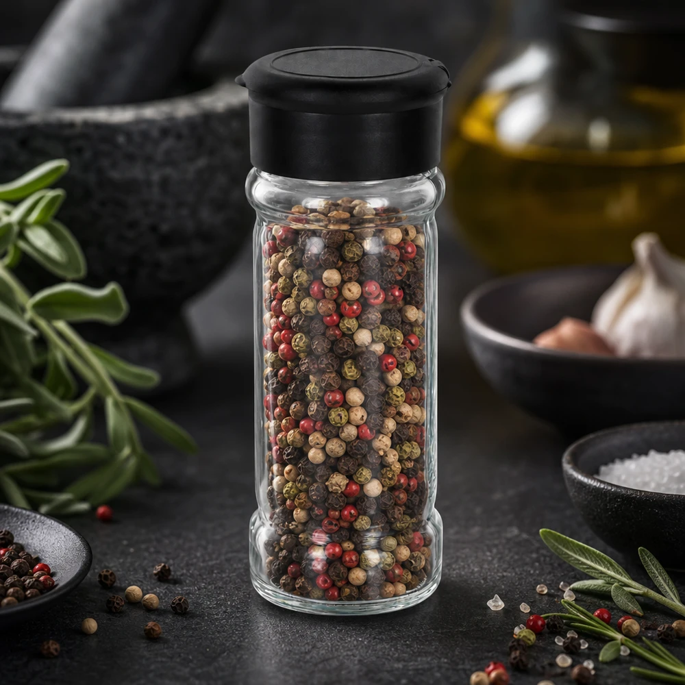 Salgadeira de vidro transparente de 100 ml com tampa preta, cheia de uma mistura colorida de pimentas, sobre uma bancada escura