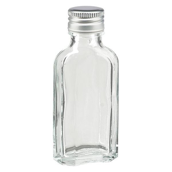 50 ml Meplat transparente com tampa de alumínio prata PP22 50 ml Meplat transparente com tampa de alumínio prata PP22