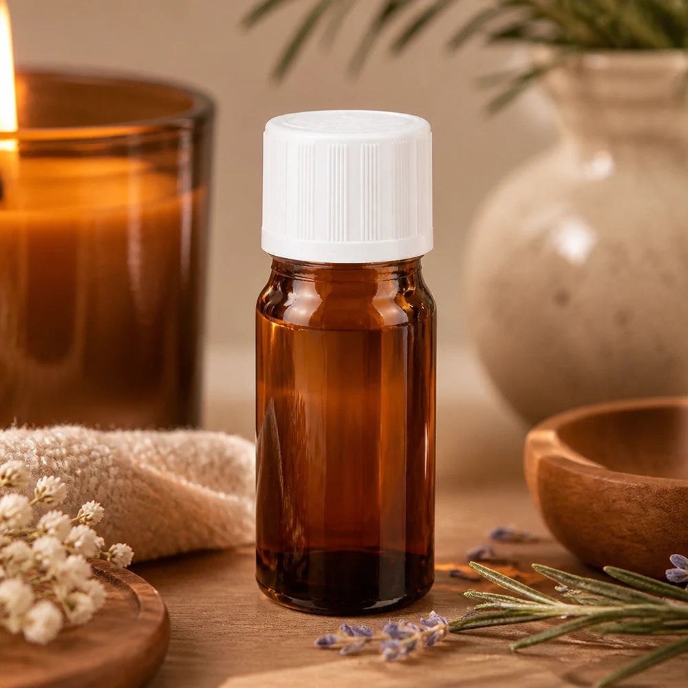 Frasco conta-gotas de 5 ml em vidro castanho com tampa de rosca KiSi branca, sobre uma mesa de madeira ao lado de lavanda e de uma vela