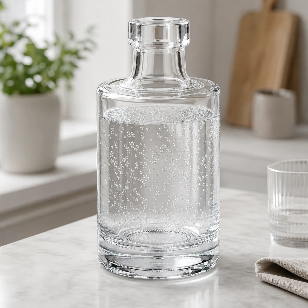 100ml Glasflasche "Marie" ohne Verschluss UNiTWIST Garrafa de vidro de 100 ml Marie com água limpa e bolhas de gás num ambiente de cozinha elegante com tampa de vidro