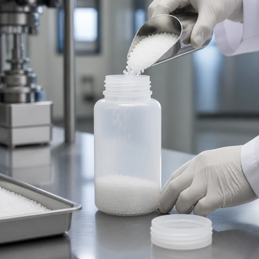 Frasco de laboratório de grande capacidade, com 1000 ml e gargalo largo, em plástico HDPE, sem tampa, para amostras químicas