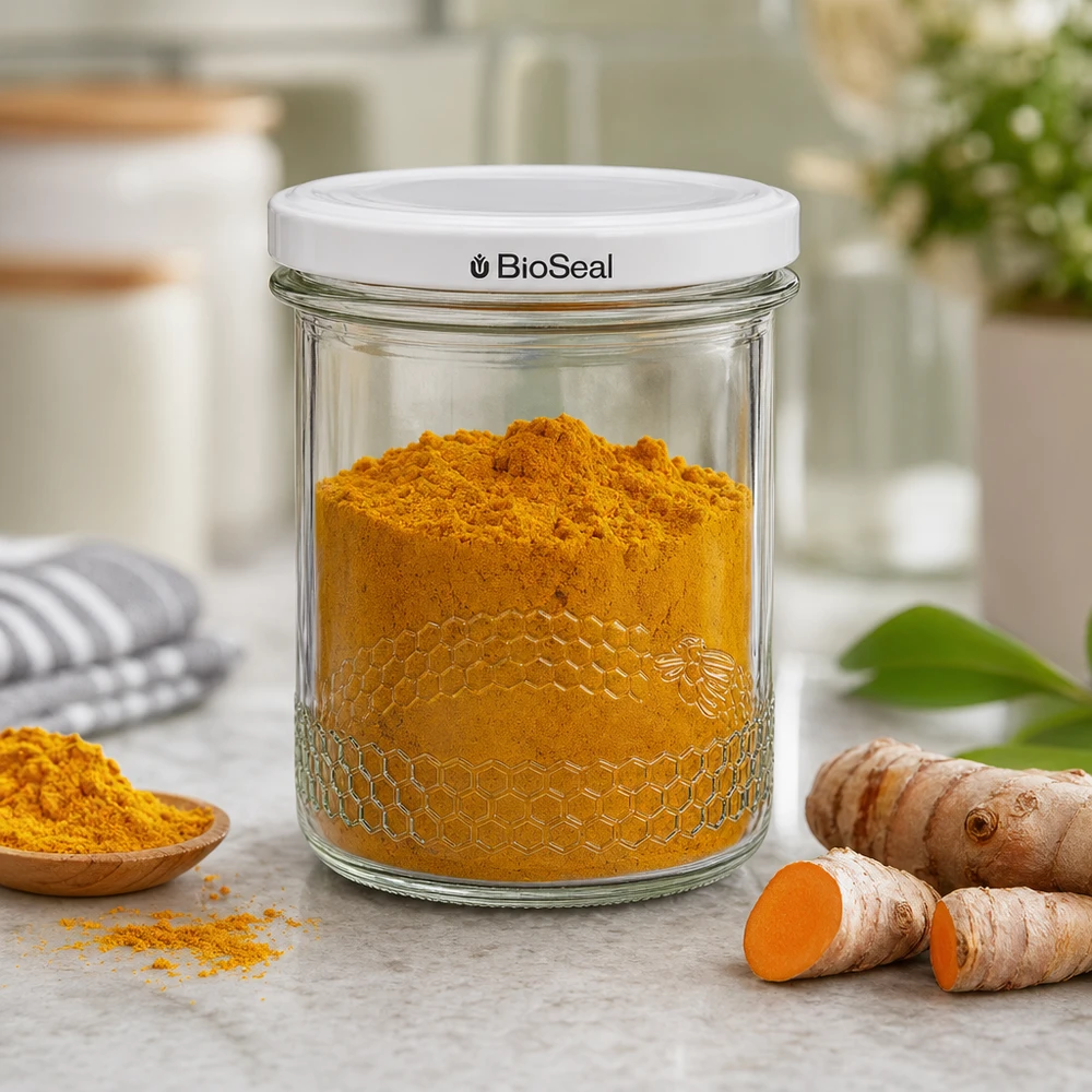 O frasco de mel de 400 ml cheio de curcuma mostra a utilização prática da tampa BioSeal para especiarias e produtos de cozinha