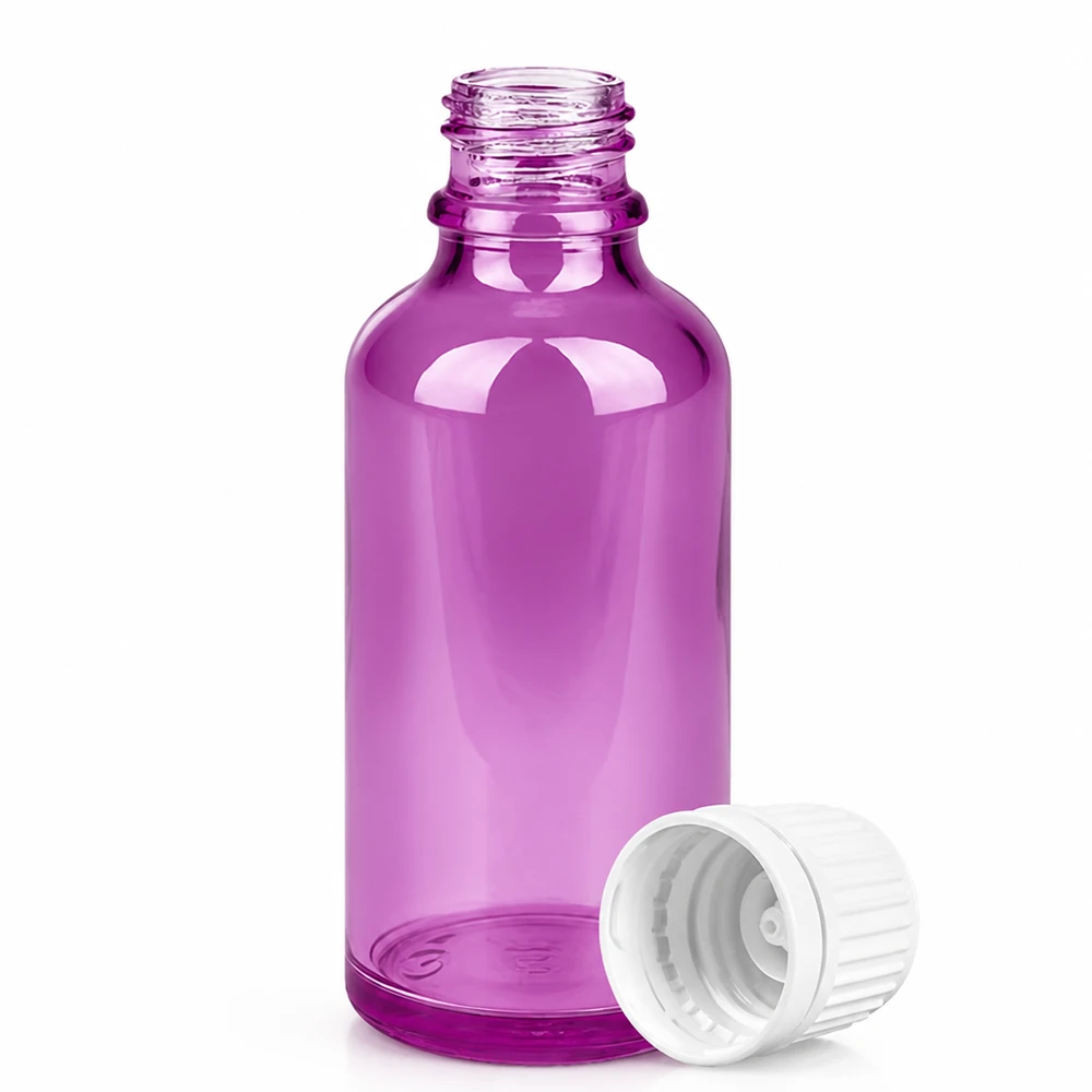 Frasco de 50 ml com tampa de rosca de 11 mm branca Originalidade tampa de rosca PurpleLine UT18/50 Frasco conta-gotas de 50 ml em vidro violeta com rosca DIN de 18 mm para aromaterapia e cosmética