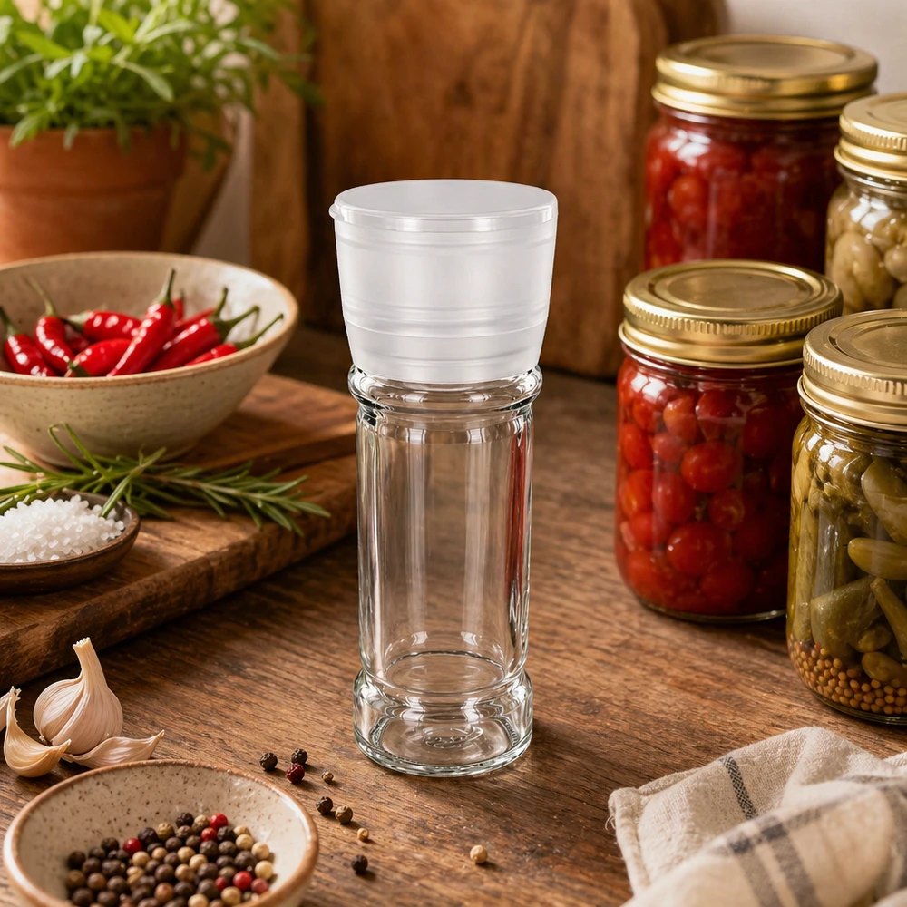 Frasco para sal/especiarias de 100 ml com moinho Vario branco Copo de sal de 100 ml com moinho Vario branco, ao lado de tomates em conserva e especiarias sobre uma mesa de madeira