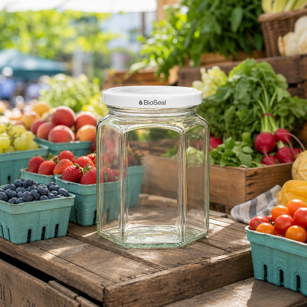 Frasco vazio UNiTWIST Hexa288 com tampa branca TO63 BioSeal numa banca de mercado entre frutas e legumes frescos