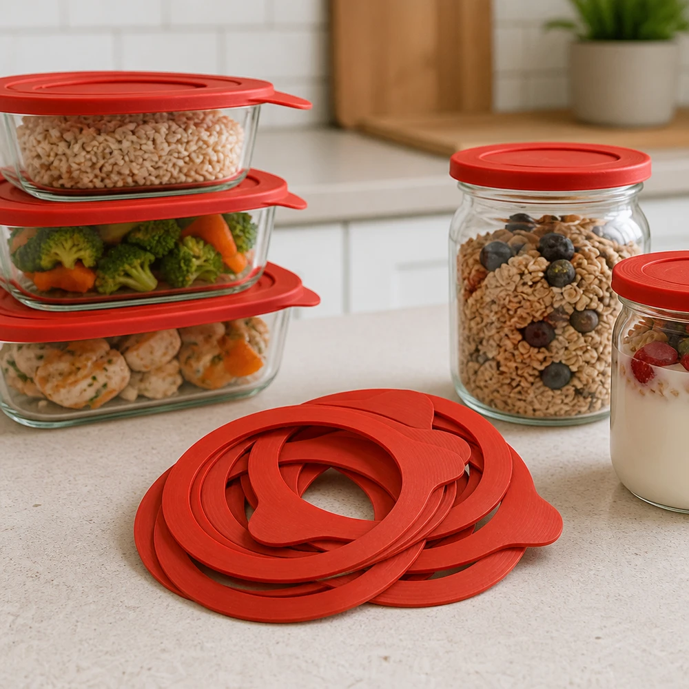 Anel de vedação em borracha natural RR80 Anel de conservação RR80 borracha natural vermelha vários anéis na bancada da cozinha com frascos de arrumação Muesli Legumes Preparação de refeições