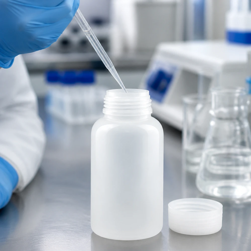 Frasco de laboratório de 500 ml com gargalo largo e sem tampa Frasco de laboratório de plástico de 500 ml, de gargalo largo, em pé sobre uma bancada de aço inoxidável no laboratório