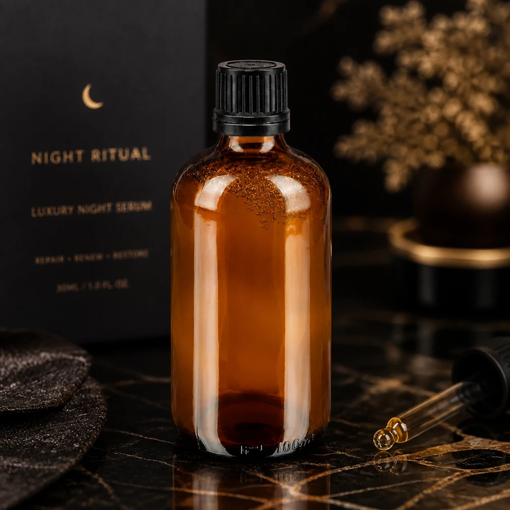 Frasco de farmácia castanho 100ml tampa conta-gotas premium 1mm preto fecho inviolável Frasco de vidro castanho de 100 ml com embalagem exterior preta e conta-gotas, ao lado da caixa do Soro Ritual Noturno de Luxo