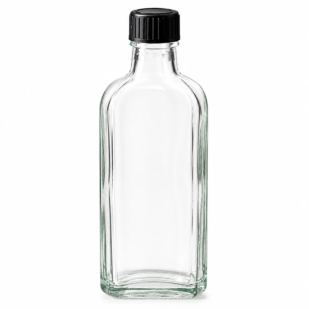 Frasco de vidro Meplat transparente de 100 ml com tampa de rosca preta e anel de vedação LKD
