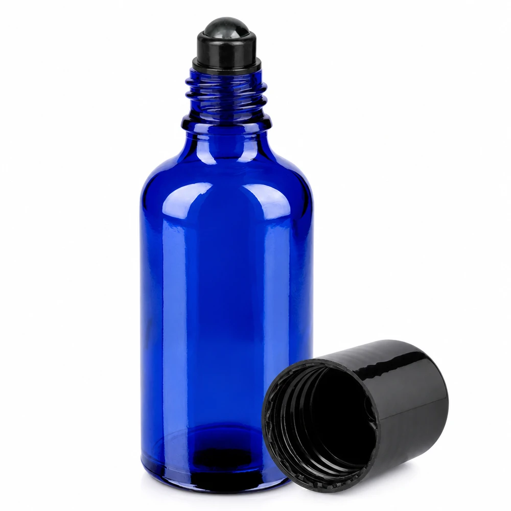 Frasco roll-on de 50ml preto com tampa standard BlueLine UT18/50 Frasco roll-on de 50 ml em vidro azul STD BlueLine UT18/50 para cosméticos e óleos essenciais