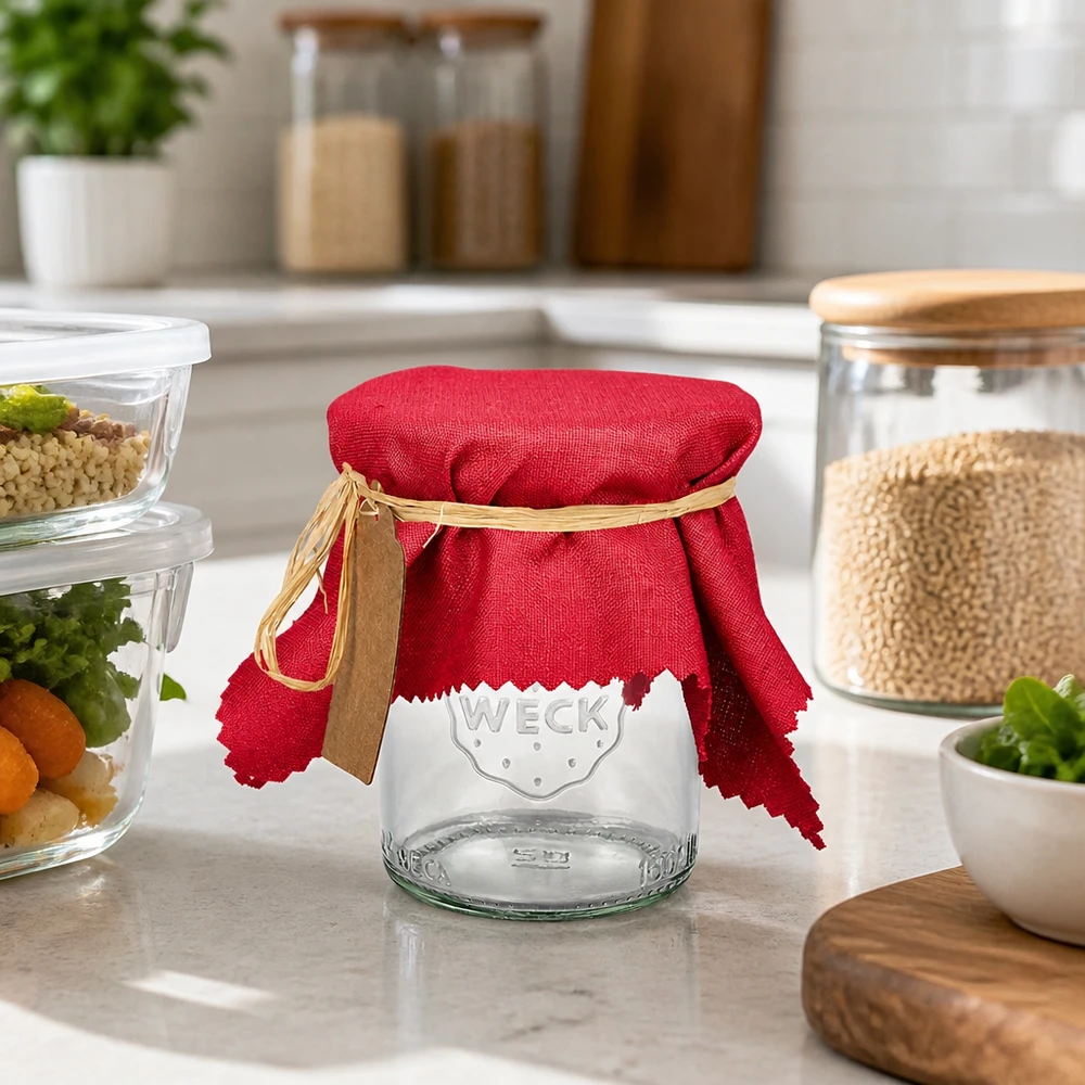 Guardanapo decorativo de tecido vermelho bordeaux de 15 cm no frasco WECK na cozinha moderna entre frascos de arrumação e recipientes para especiarias
