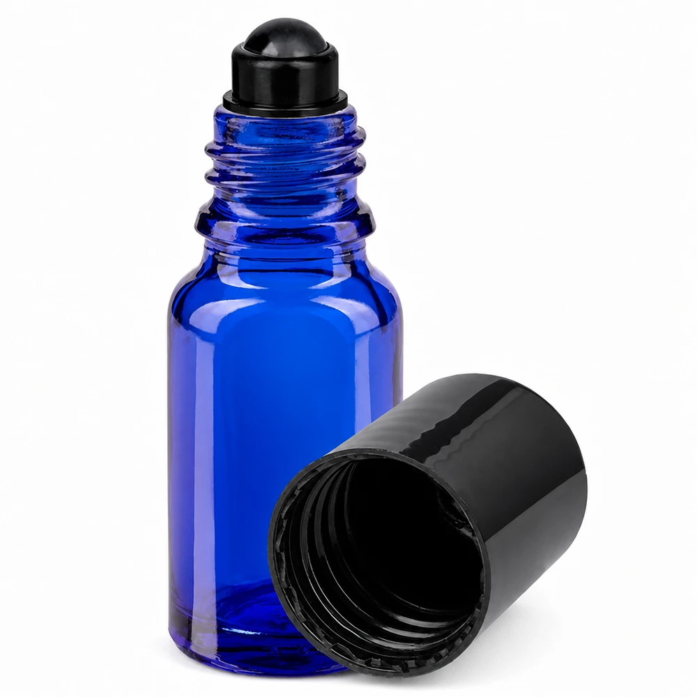 Frasco roll-on azul de 10 ml, em vidro de farmácia, com aplicador de esfera preta e tampa de rosca