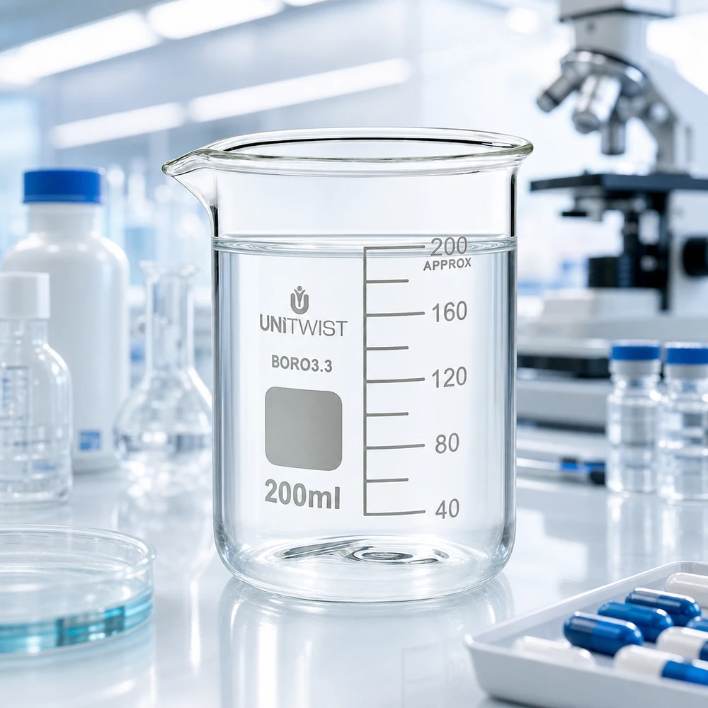 Copo de vidro UNiTWIST de 200 ml, de borossilicato, de formato baixo, num laboratório profissional com microscópio