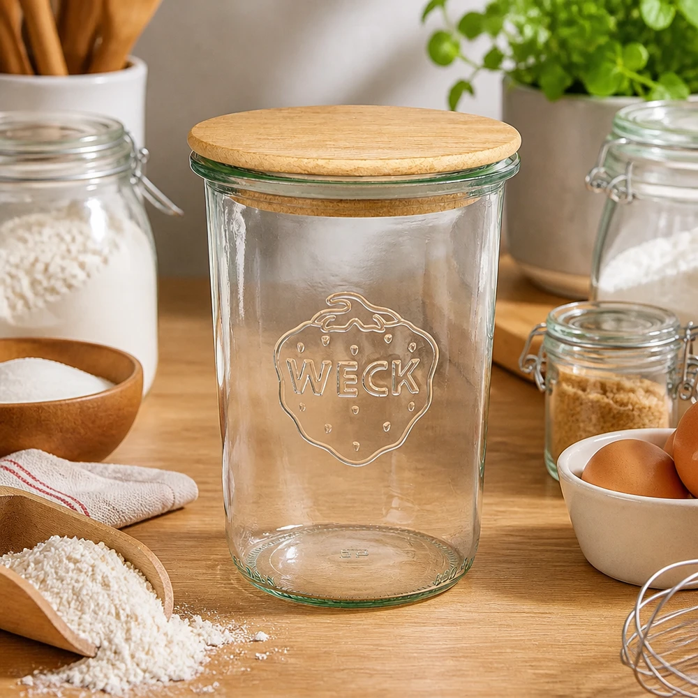 Copos de vidro WECK RR100 de 850ml com tampa de madeira Copos WECK 850ml RR100 com tampa de madeira para cozinha ingredientes de pastelaria farinha ovos utensílios de cozinha materiais naturais