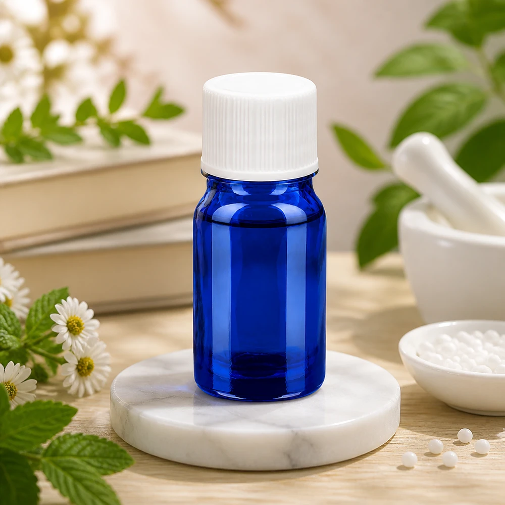 Frasco pequeno de vidro azul UT18/5 de 5 ml com tampa branca ideal para aromaterapia e cosmética