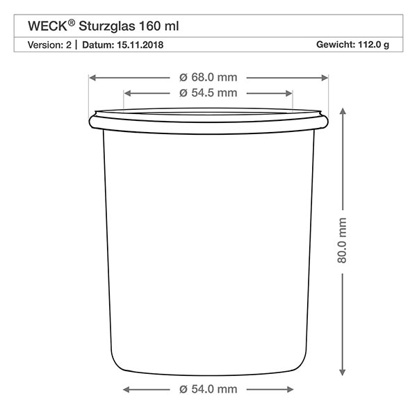 Frasco de vidro de 160 ml com tampa de vidro WECK RR60 Desenho técnico dos copos WECK 160ml RR60 com dimensões - diâmetro 68mm, altura 80mm, peso 112g
