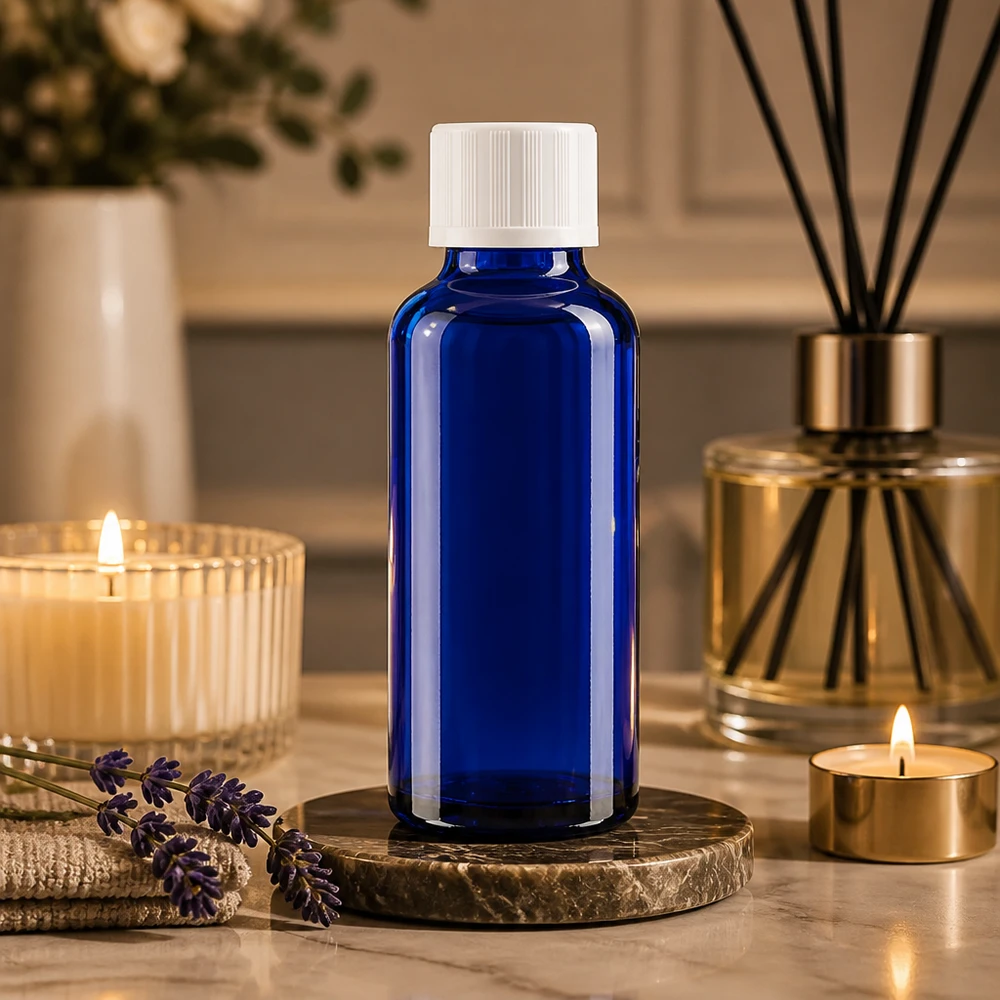 Frasco de aromaterapia de 30 ml em vidro azul, com tampa branca à prova de crianças e conta-gotas de precisão de 1,2 mm