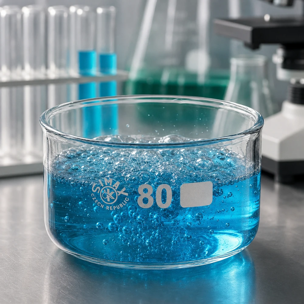 Líquido azul com bolhas na cuba de cristalização SIMAX de 80 mm, em vidro borossilicato, 150 ml, de laboratório
