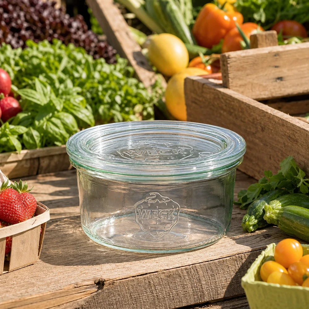 Frasco de vidro vazio WECK 165ml RR80 com tampa de vidro entre frutas e legumes frescos numa mesa de madeira rústica