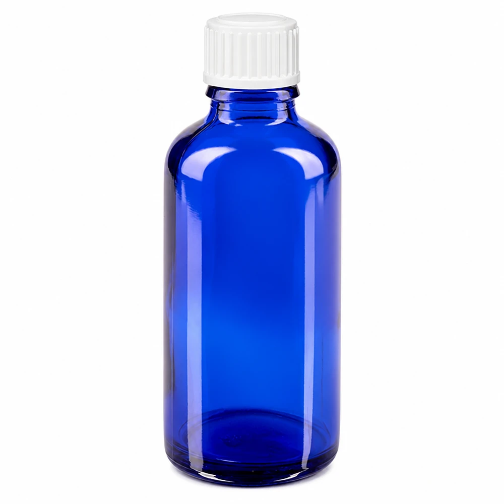 Frasco de vidro azul de farmácia com 50 ml e tampa de rosca branca de 11 mm