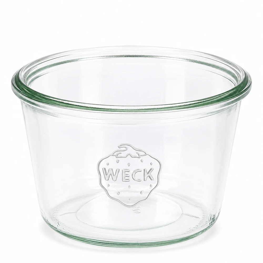 Copos WECK 370ml RR100 transparentes com rebordo verde e logótipo WECK em relevo para conservas e enlatados