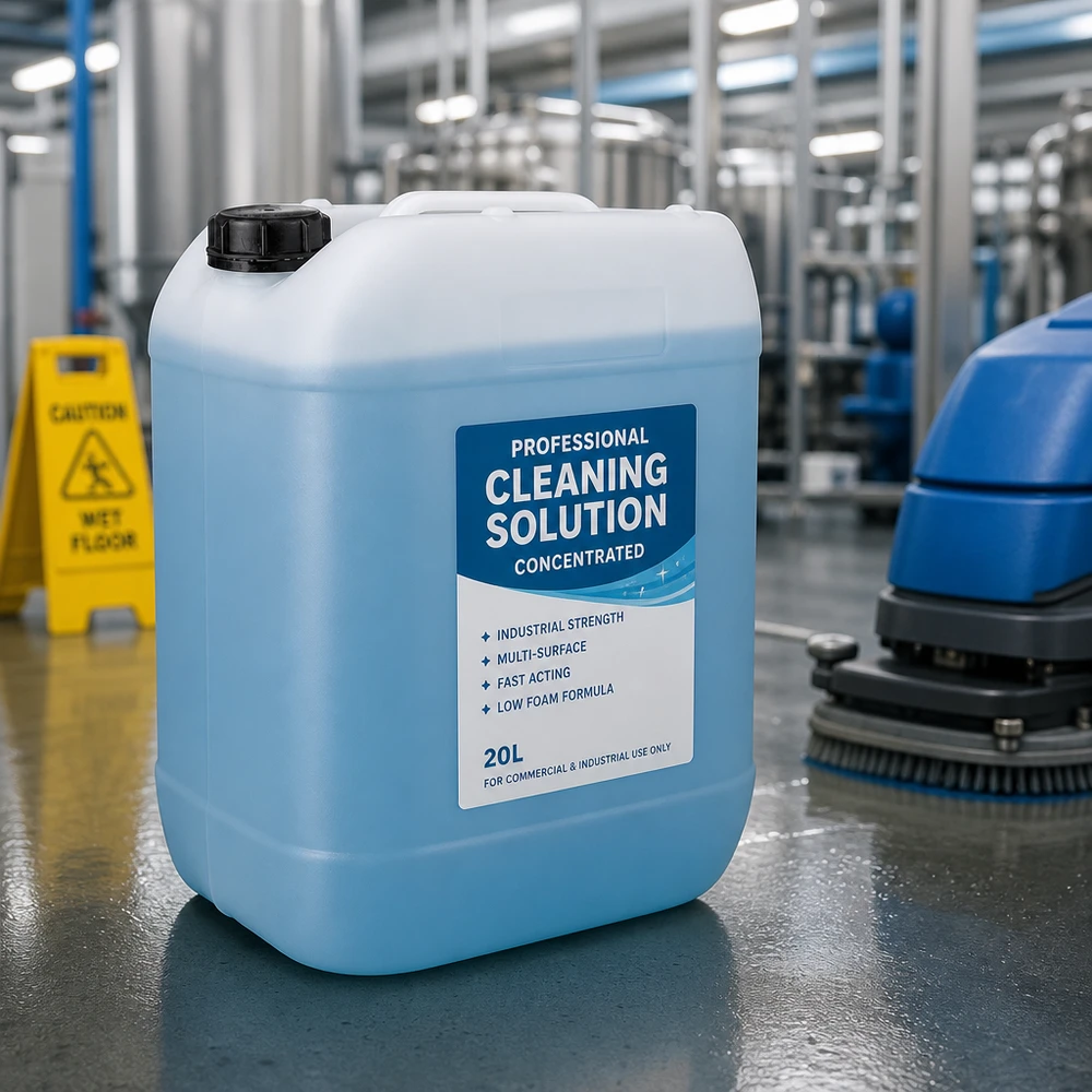 Bidon industrial azul de 20 litros com tampa de rosca para produtos de limpeza profissionais