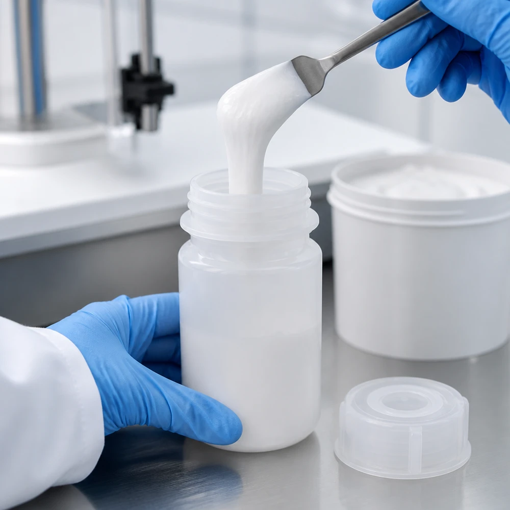 Frasco de laboratório de 50ml com gargalo largo e tampa de rosca O técnico de laboratório transfere um creme branco com uma espátula para um frasco de laboratório de gargalo largo com 50 ml e tampa de rosca
