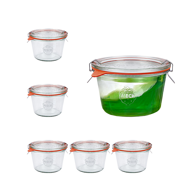 Conjunto de 6 copos de vidro Weck 370ml com 6 tampas de vidro Conjunto de 6 copos de vidro Weck 370ml com 6 tampas de vidro