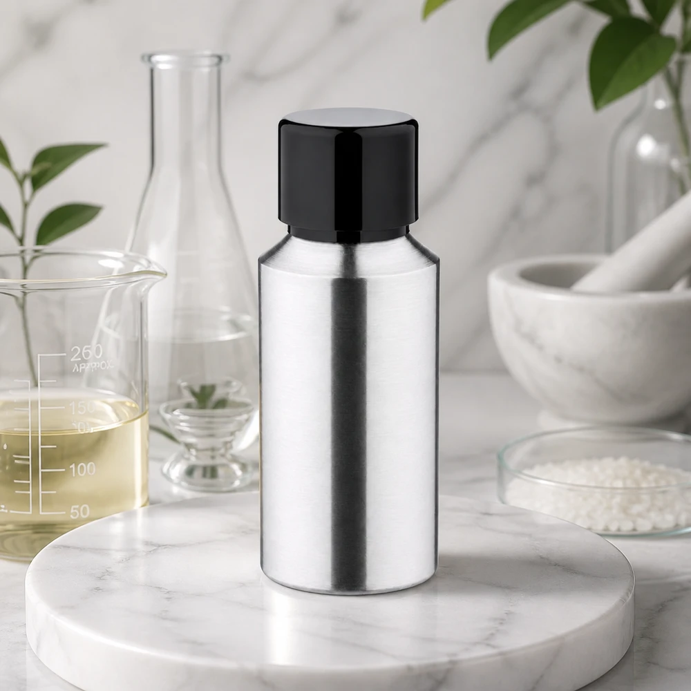 Frasco de alumínio polido de 30 ml com acabamento mate e tampa preta para ambiente de laboratório