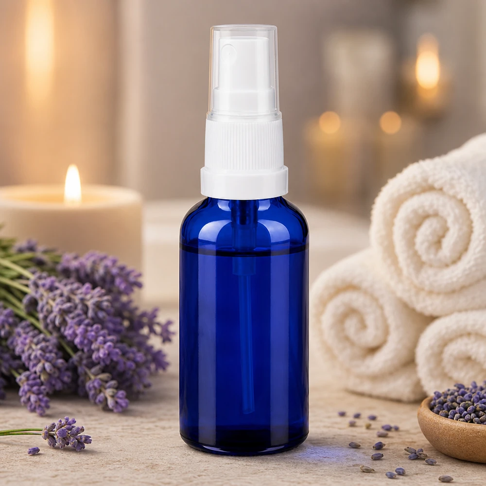 Frasco spray de 30ml branco/tampa transparente standard BlueLine UT18/30 Pequeno frasco pulverizador de 30 ml em azul transparente, ideal para viajar e estar em movimento