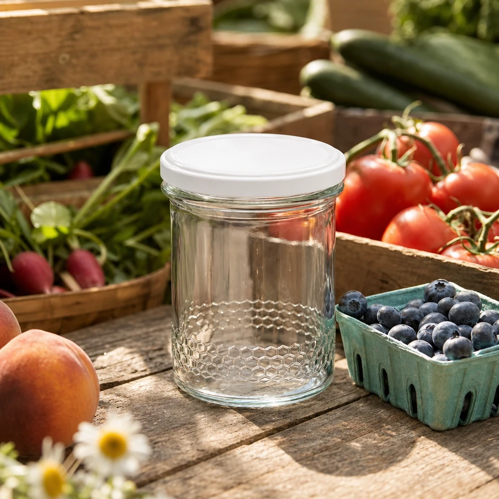 Frasco de mel de 400 ml com tampa branca em cima de uma mesa de madeira, entre frutos frescos, mirtilos e tomates, numa cena de exterior