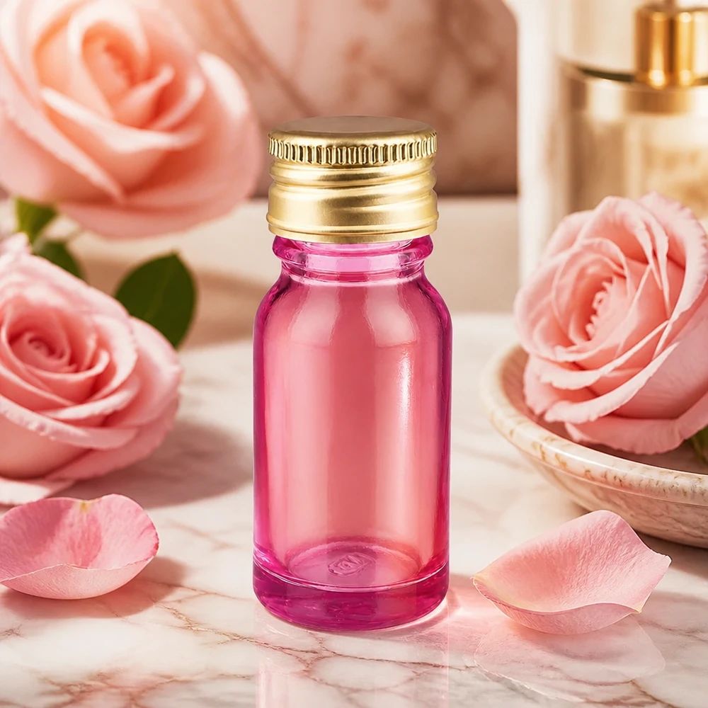 Frasco de vidro violeta de 10 ml com rosca de 11 mm e tampa dourada de alumínio para óleos de perfume