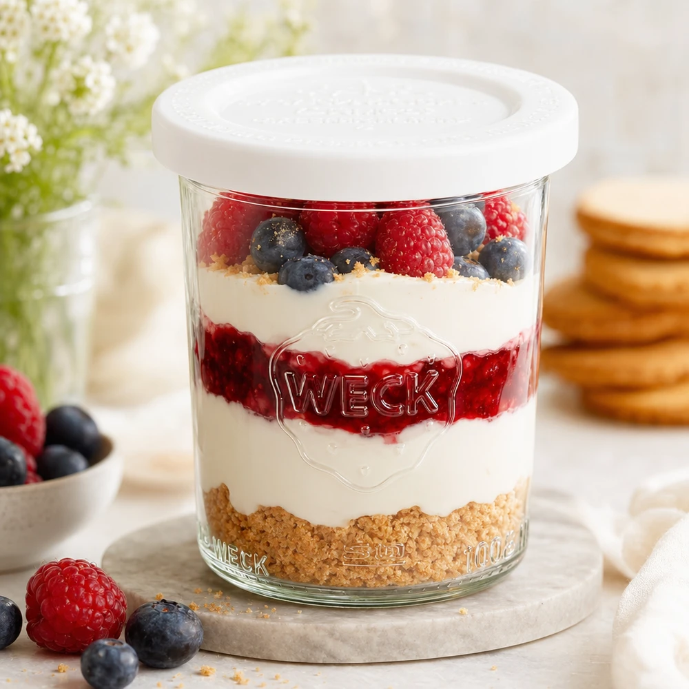 Copos WECK RR60 de 160 ml com sobremesa em camadas de iogurte, frutos silvestres e migalhas de biscoito - perfeito como jarro de sobremesa
