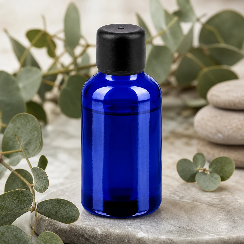 Frasco de vidro azul de 30 ml com tampa preta para óleos essenciais e cosméticos