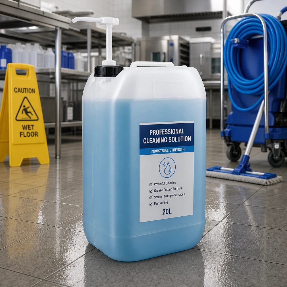 Bidão azul de 15 litros com bomba dosadora numa cozinha profissional, ao lado de um sinal de aviso e de um esfregão