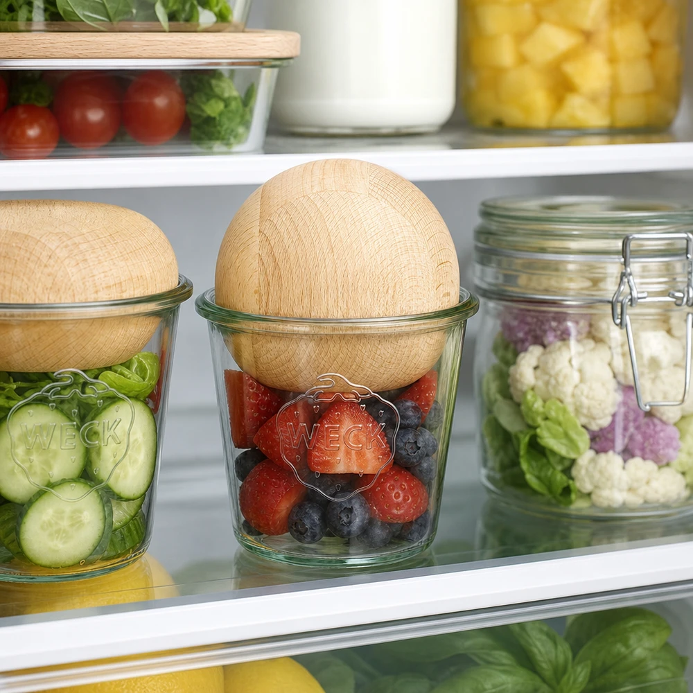 Copos de vidro de 580ml WECK RR100 com bola de madeira faia WECK Sturzglas RR100 580ml mit Buchenholzkugel zur Frischehaltung von Beeren und Gemüse im Kühlschrank
