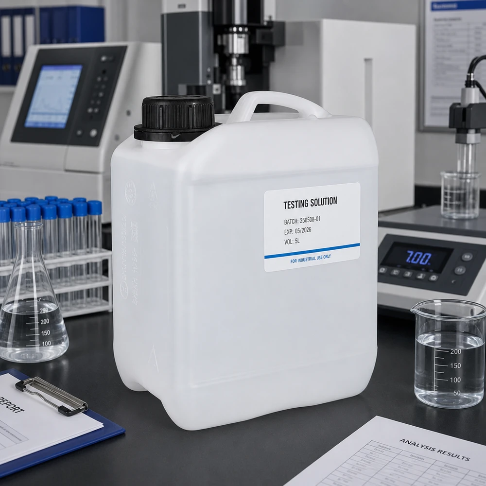 Recipiente retangular de HDPE de 2,5 litros com etiqueta «Solução de teste» na mesa de trabalho do laboratório