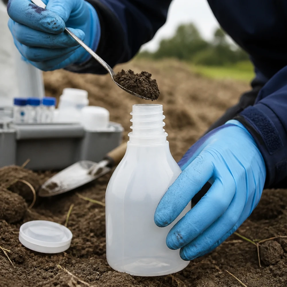 A amostra de solo é colocada com uma colher num frasco de laboratório de plástico de gargalo estreito com capacidade para 30 ml