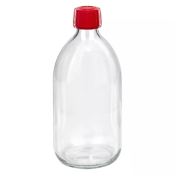 Frasco de medicamento de 500ml transparente, tampa vermelha com anel inviolável ApoGlas Frasco de medicamento de 500ml transparente, tampa vermelha com anel inviolável ApoGlas